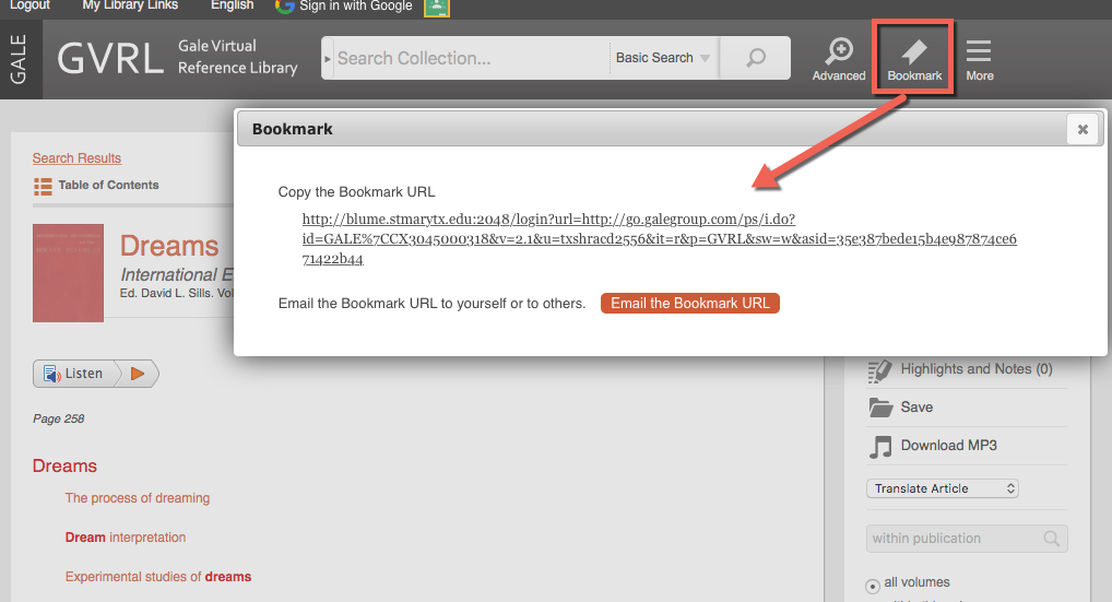 Gale Virtual Reference Library (GVRL) image showing the Bookmark persistent link