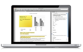 Image of a laptop screen displaying a journal article with some text highlighted and a digital sticky note with annotations. 