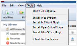 Image showing Mendeley menu to select Tools then Install MS Word Plugin