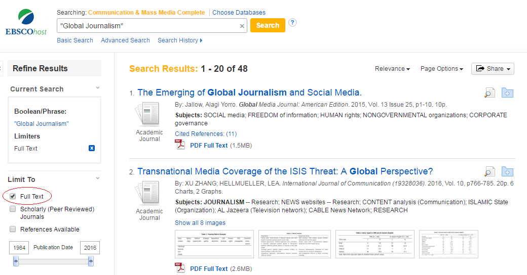Screenshot of full text limiter in an EBSCO database