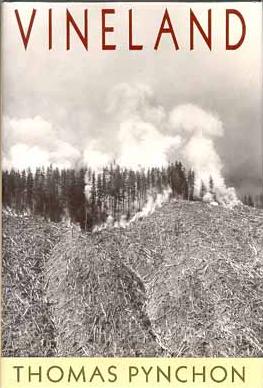 cover of Vineland book in black and white with trees and smoke 