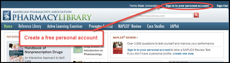 Screenshot of PharmacyLibrary Homepage stating Create a free personal account and highlighting the upper right-hand Sign in to your personal account