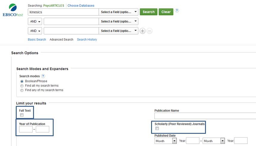 PsycARTICLES search screen