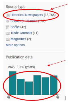 Example highlighting "Historical Newspapers" as the Source Type and a graph depicting the Publication Dates "1945-1950"