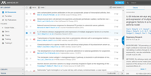 screenshot of Mendeley online library view with folders on the left, each reference in the middle in a tabular view, and the detailed data view of the selected citation in the far right frame