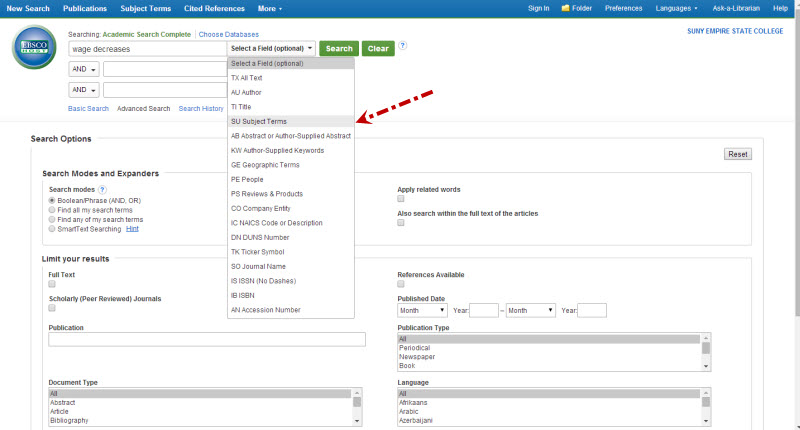 Screenshot of EBSCOhost Academic Search Complete's Advanced Search screen. We have entered wage decreases into the search box and selected SU Subject Terms in the pull-down menu next to it. 