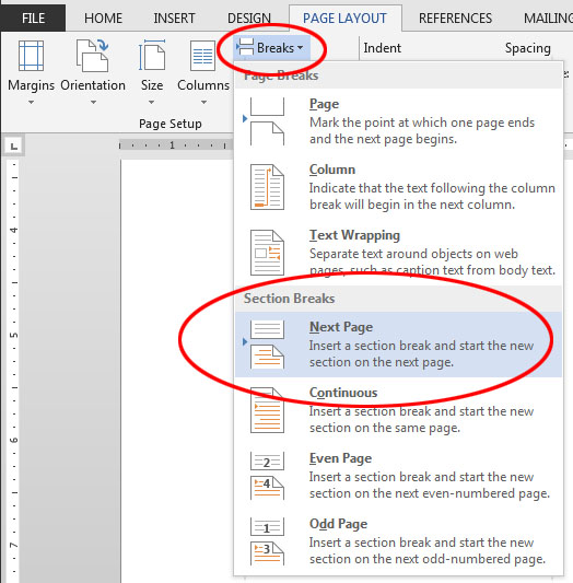 microsoft word different page numbers for sections