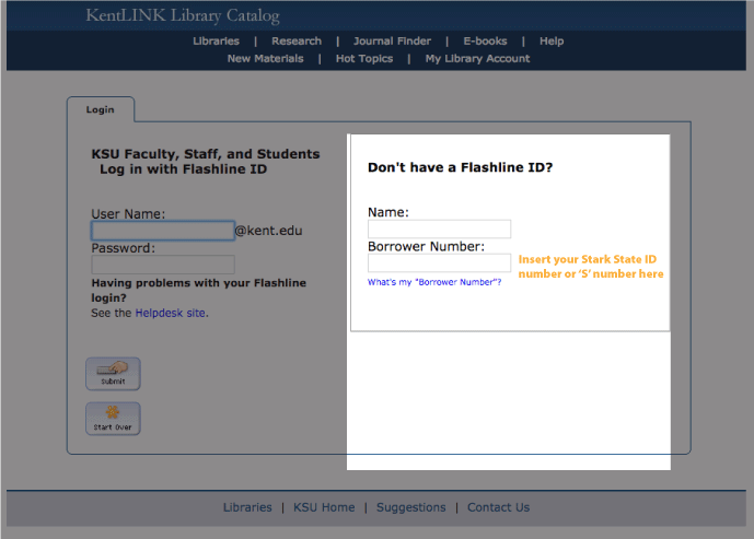 Image of KentINK Library log in page.  Enter name and Stark State ID Number of 'S' number here.