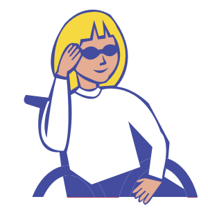 Clip art depicting a figure with bobbed blonde hair and sunglasses sitting in a manual wheelchair