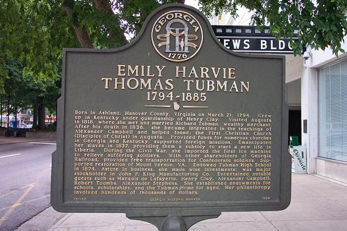 Photo of a Georgia Historical Marker sign, detailing the lives of Emily Harvie Thomas Tubman, 1794-1885.