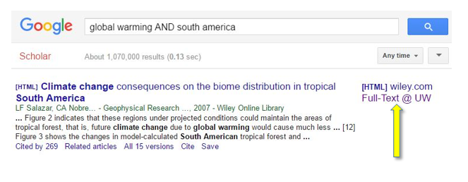 A yellow arrow points to Google Scholar's "Full-Text @ UW" on the right hand side of the page