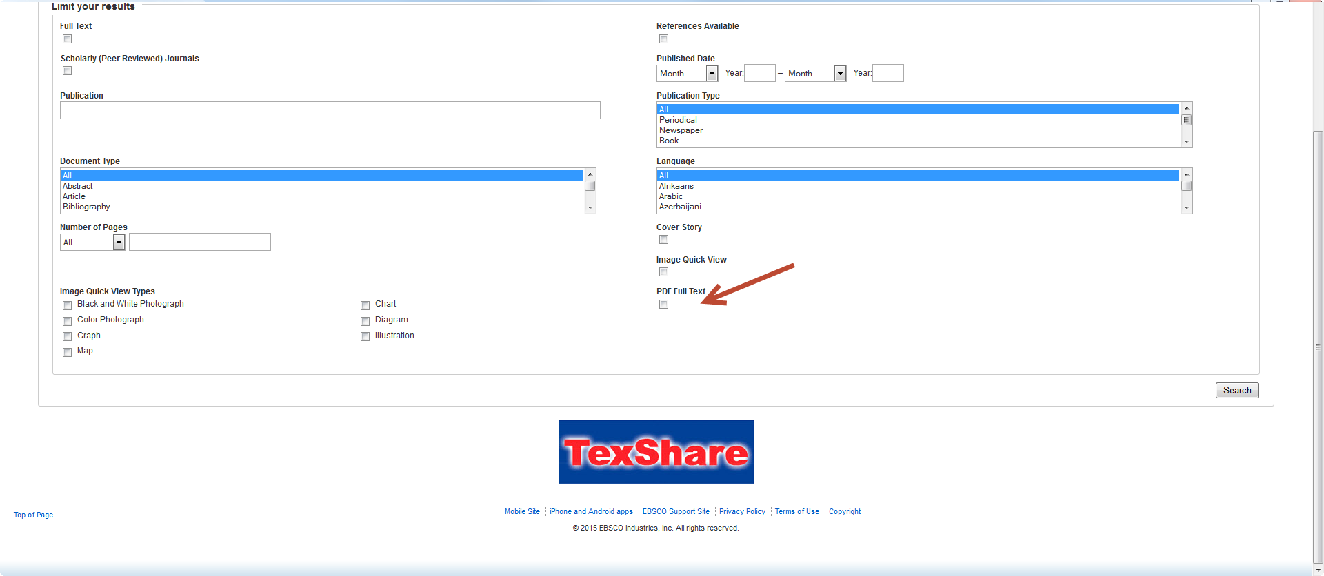 Screenshot showing search page in Academic Search Complete with PDF Full Text limiter