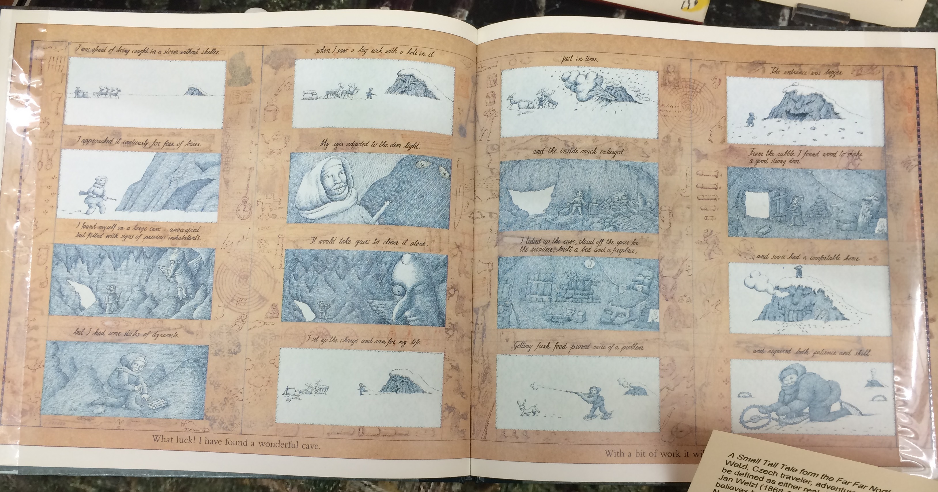 Interior pages from A Small Tall Tale form the Far Far North about the life of the folk hero Jan Welzl, Czech traveler, adventurer, hunter, and Eskimo "chief". 