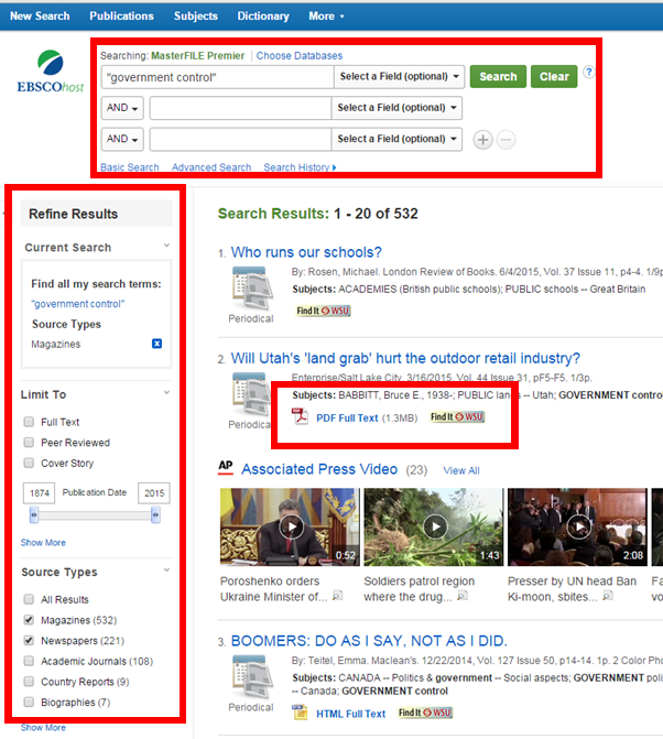 Ebsco Academic Search Complete. Home screen of the database with search boxes. Search boxes contain the phrase "government control" and are emphasized with a red border. Refine results column is on the left side with magazines and newspapers selected, with a red border surrounding the column. List of article results underneath the top search box with the PDF Full Text link under the second result surrounded by a red border.