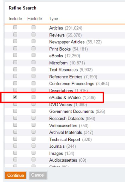 screenshot of Refine Results filters with eAudio & eVideo box checked