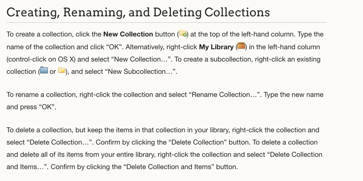 Instruction on how to create a collection (folder) using Zotero.  Please see the attached PDF