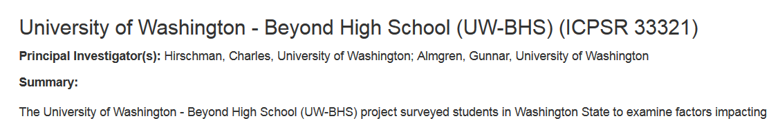Screenshot of title of downloadable dataset called University of Washington Beyond High School