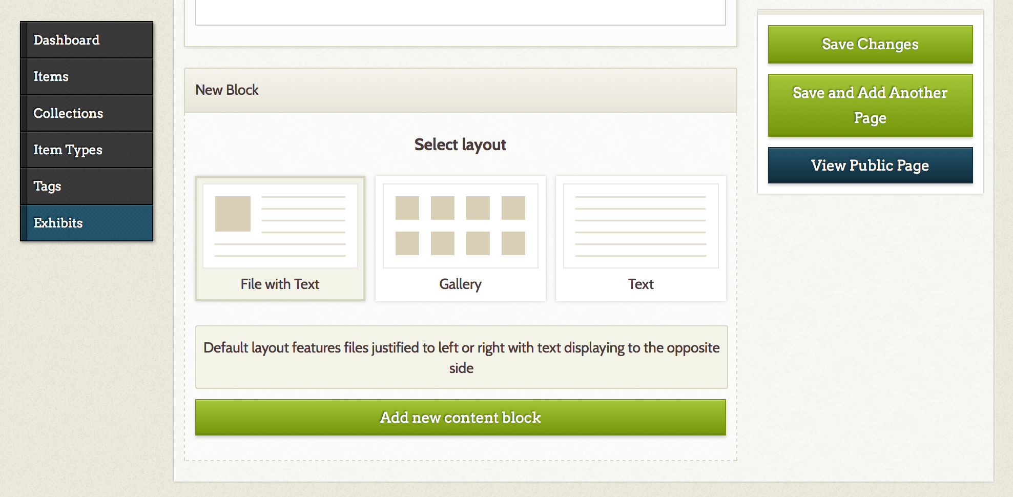 The user selects a layout for the content block on the “Add a Page” screen. Each layout is accompanied with descriptive text.  