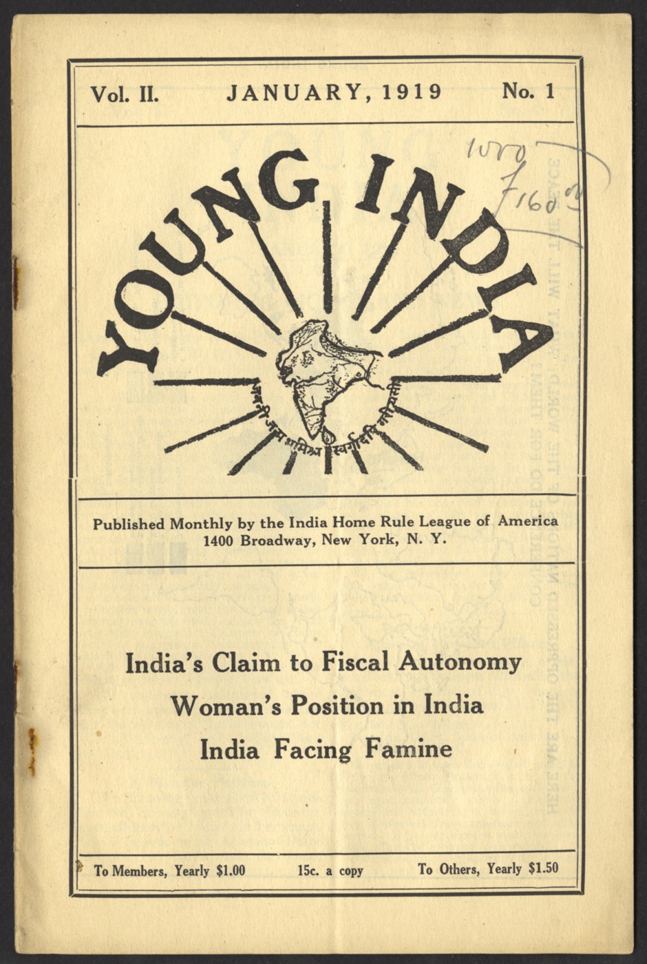 Front cover of "Young India" which was written and edited by Gandhi. The image in this cover shows the South Asian subcontinent surrounded by "Young India". Dated January 1919. Text below image states the article titles "Indias Claim to Fiscal Autonomy", "Woman's Position in India", and "India Facing Familne" 