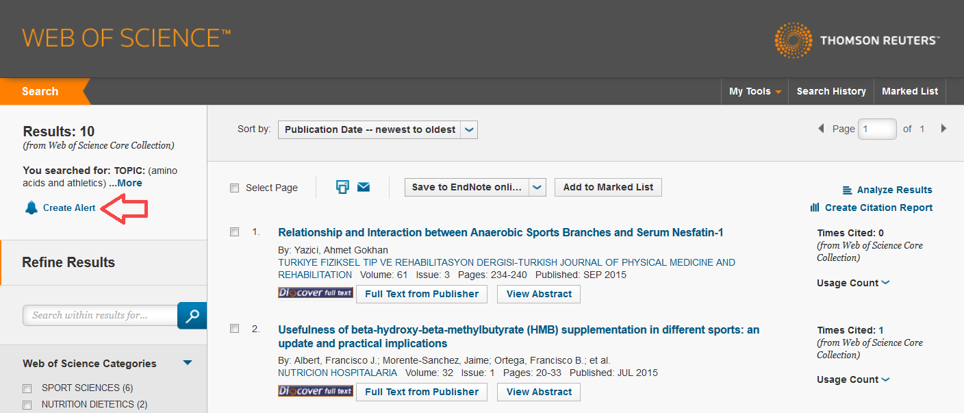 Screenshot showing how to set up Web of Science alerts