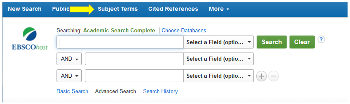 This image shows the location of the "Subject Terms" link on the main menu of Academic Search Complete. 