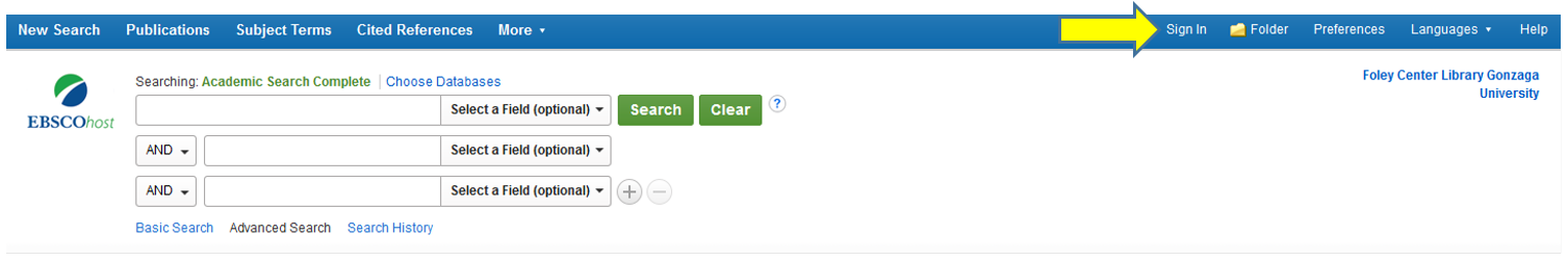 This image shows the location of the "Sign In" option in Academic Search Complete. 
