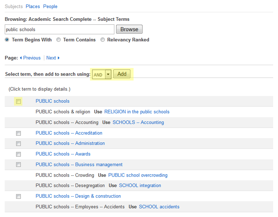 This image shows a subject search for "public schools" with the options to select and add highlighted. 