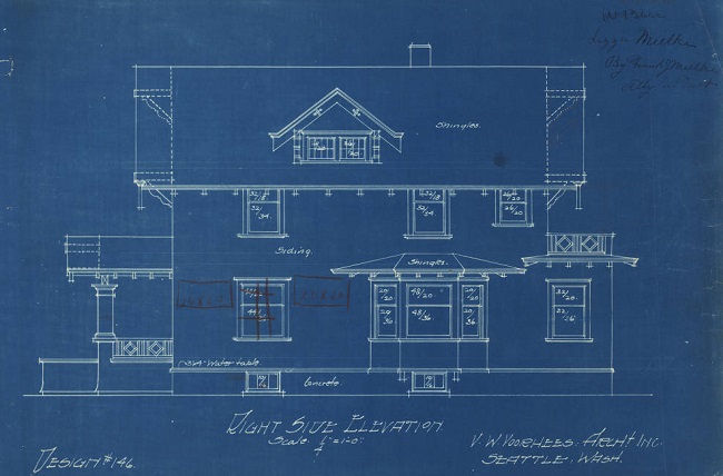 Voorhees, Victor W. Residential design #146 (Seattle, Wash.), right side elevation. University of Washington Libraries. Special Collections Division. 