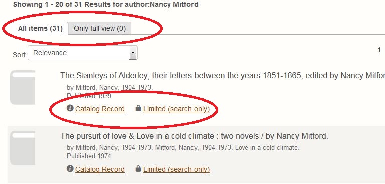 Image of the search results and catalog records information 