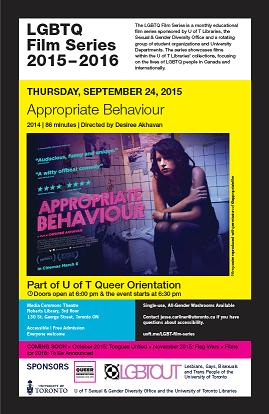 Poster for LGBTQ Film Series 2015-2016 and movie, Appropriate Behaviour