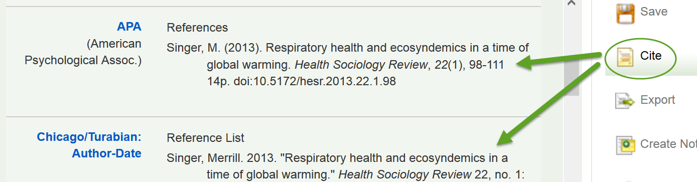 screenshot showing EBSCO citation feature