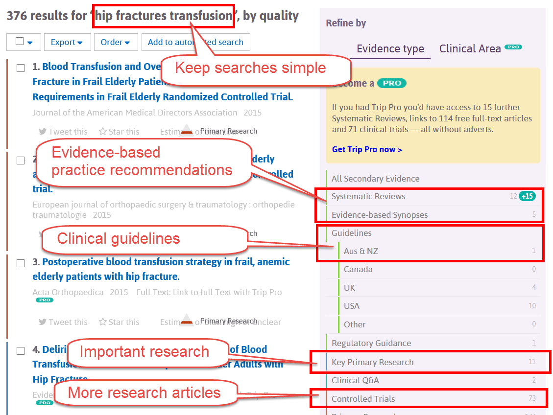 screenshot, TRIP database, indicating results categories