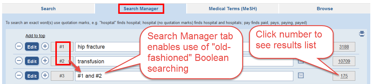 screenshot, Cochrane Library, showing Search Manager and indicating old-fashioned Boolean searching usng #1 AND #2