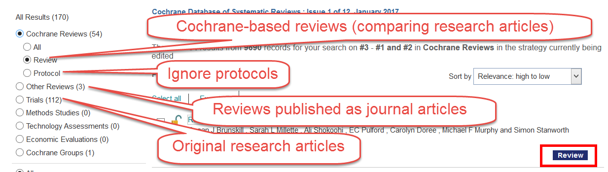 screenshot, Cochrane search results, indicating Cochrane reviews and other reviews published as journal articles