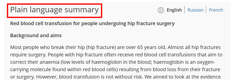 screenshot highlighting "plain language summary" section of a Cochrane systematic review