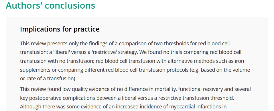 Screenshot of "implicatoins for practice" section of a Cochrane systematic review