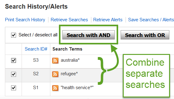screenshot of CINAHL, indicating location of Search with AND button