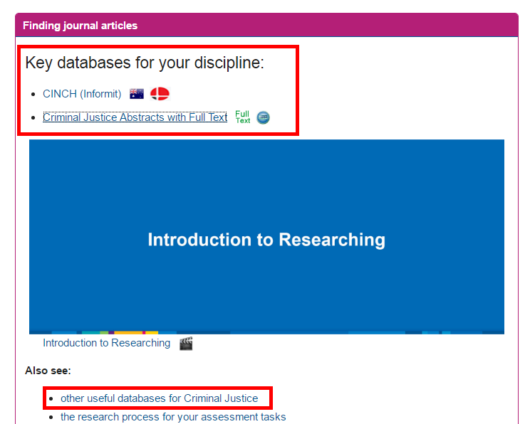 screenshot from subject guide landing page, indicating key databases and link to other useful databases