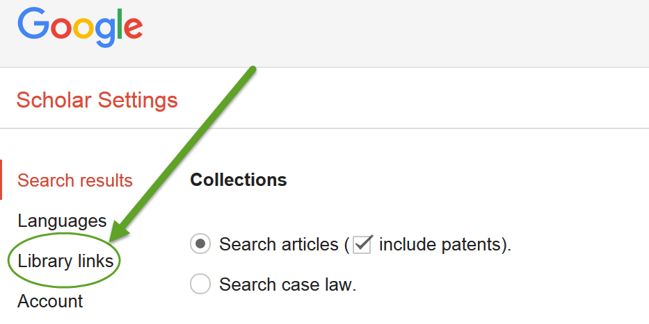 screenshot indicating Library links option