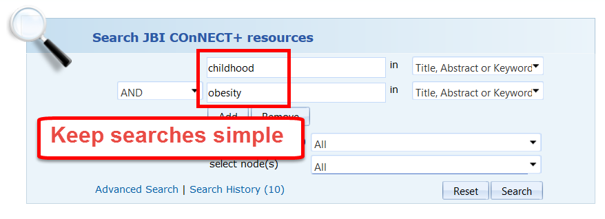 screenshot, JBI Connect Plus, showing search interface and suggesting only simple searches