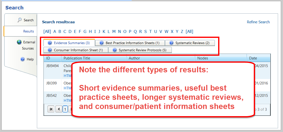 screenshot, JBI Connect PLus results, indicating tabs along top for different result types
