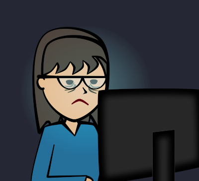 Jessica, unhappy, at computer