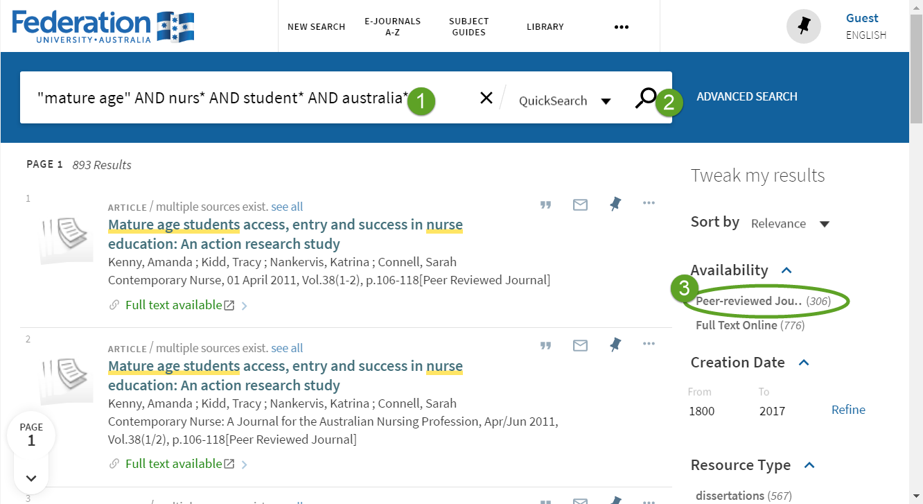 screenshot, indicating link to limit results to peer-reviewed articles