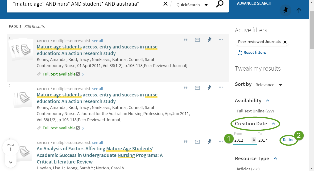 screenshot, QuickSearch results, indicating limit by Creation Date