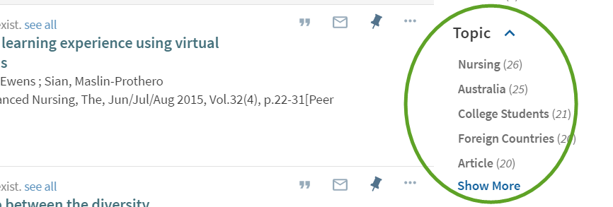 screenshot, QuickSearch results, indicating links to limit by Topic