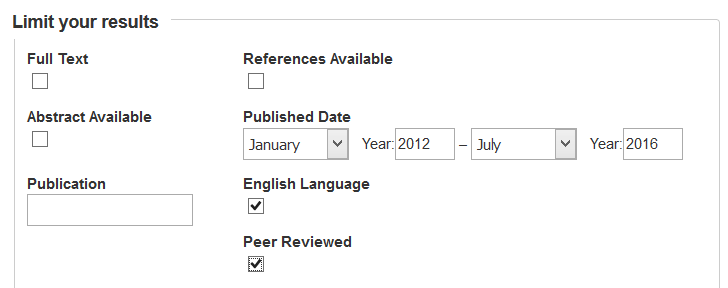 screenshot of some search limits in CINAHL