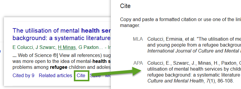 screenshots from Google Scholar, showing Cite link and citation pop-up