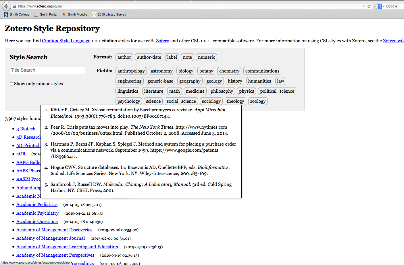 List of citation styles for the Zotero citation styles repository shown. 