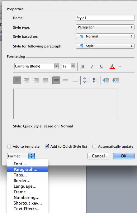 At the bottom of the dialog box, in the Format dropdown menu, select Paragraph