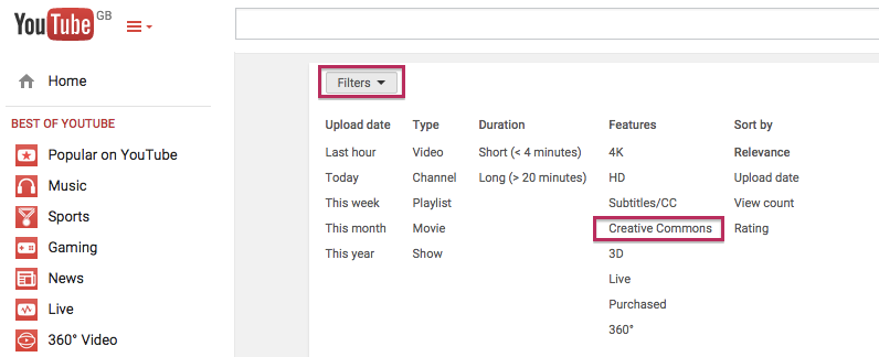 YouTube-use the Creative Commons filter